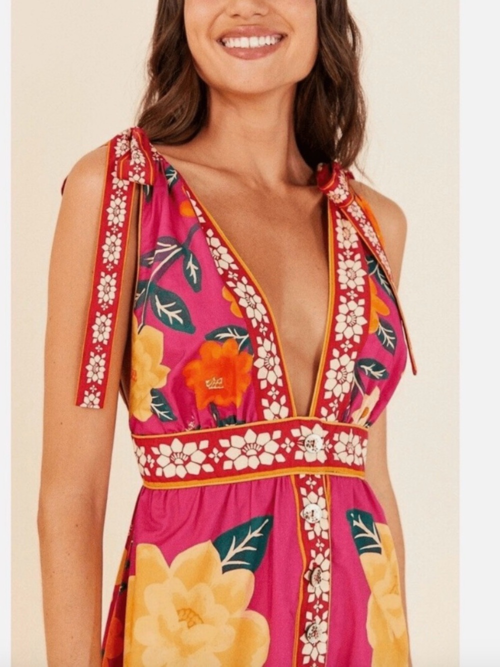 FARM Rio Pink Floral Midi Dress with Yellow & Orange Blooms - Picture 3 of 5